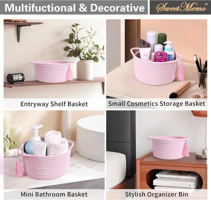 Small Cute Pink Gift Basket Empty to Fill — Mini Wicker Woven Cotton Rope Organizer 8"×4.7", Pastel Decorative Makeup Holder for Girls & Women, Bathroom, valentines/Desk Bin, Shower Gift by SweetMemo