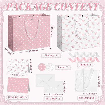 2 Pack 13'' Large Pink Baby Shower Paper Gift Bag with Bow Ribbon