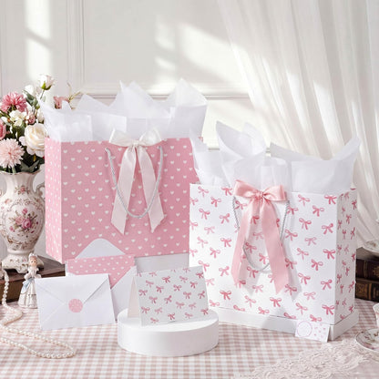 2 Pack 13'' Large Pink Baby Shower Paper Gift Bag with Bow Ribbon