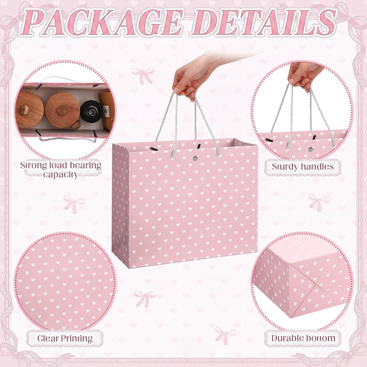 2 Pack 13'' Large Pink Baby Shower Paper Gift Bag with Bow Ribbon