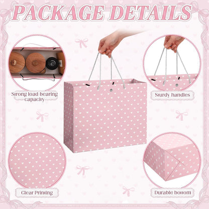 2 Pack 13'' Large Pink Baby Shower Paper Gift Bag with Bow Ribbon