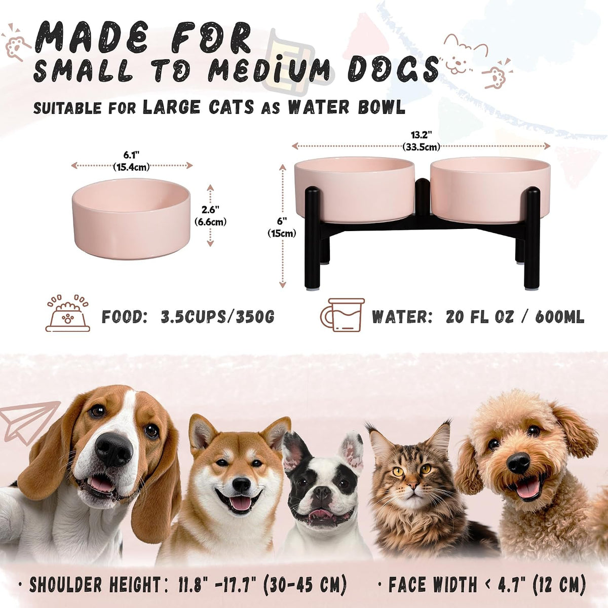 Ceramic Elevated Dog Bowl Set - Dog Feeder Station with Cute-Style Double Bowls for Small and Medium Size Breed - Non-Slip Raised Dish for Food and Water Feeding- 6 Inch - 3.5 Cups / 20 fl oz - Pink