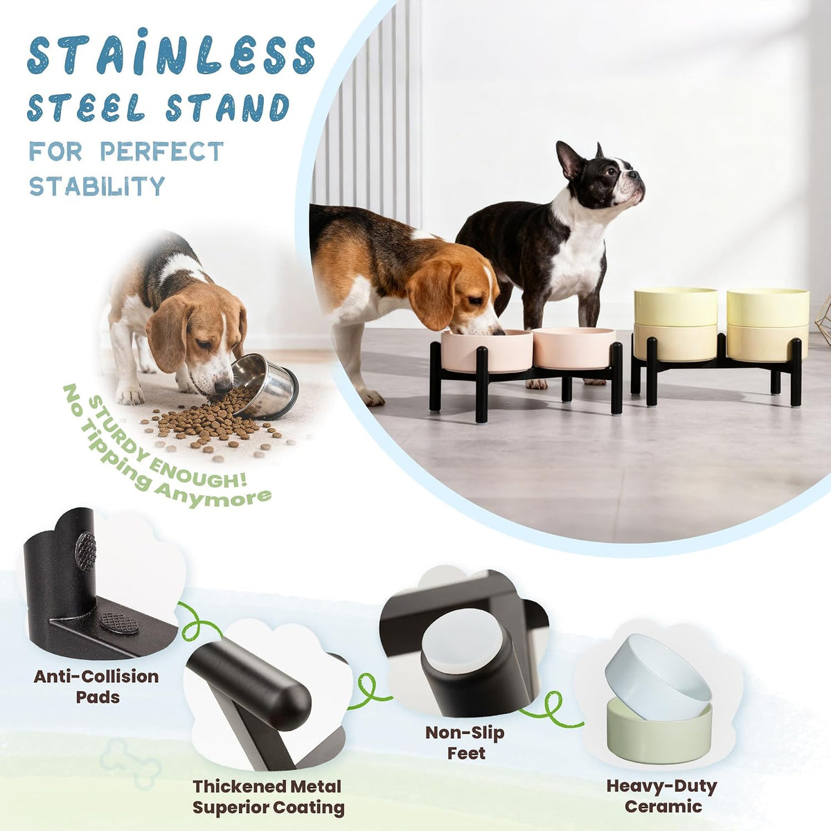 Ceramic Elevated Dog Bowl Set - Dog Feeder Station with Cute-Style Double Bowls for Small and Medium Size Breed - Non-Slip Raised Dish for Food and Water Feeding- 6 Inch - 3.5 Cups / 20 fl oz - Pink