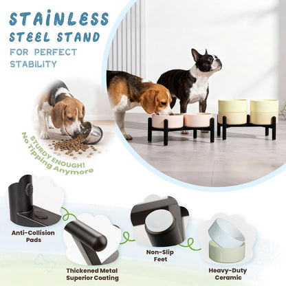 Ceramic Elevated Dog Bowl Set - Dog Feeder Station with Cute-Style Double Bowls for Small and Medium Size Breed - Non-Slip Raised Dish for Food and Water Feeding- 6 Inch - 3.5 Cups / 20 fl oz - Pink