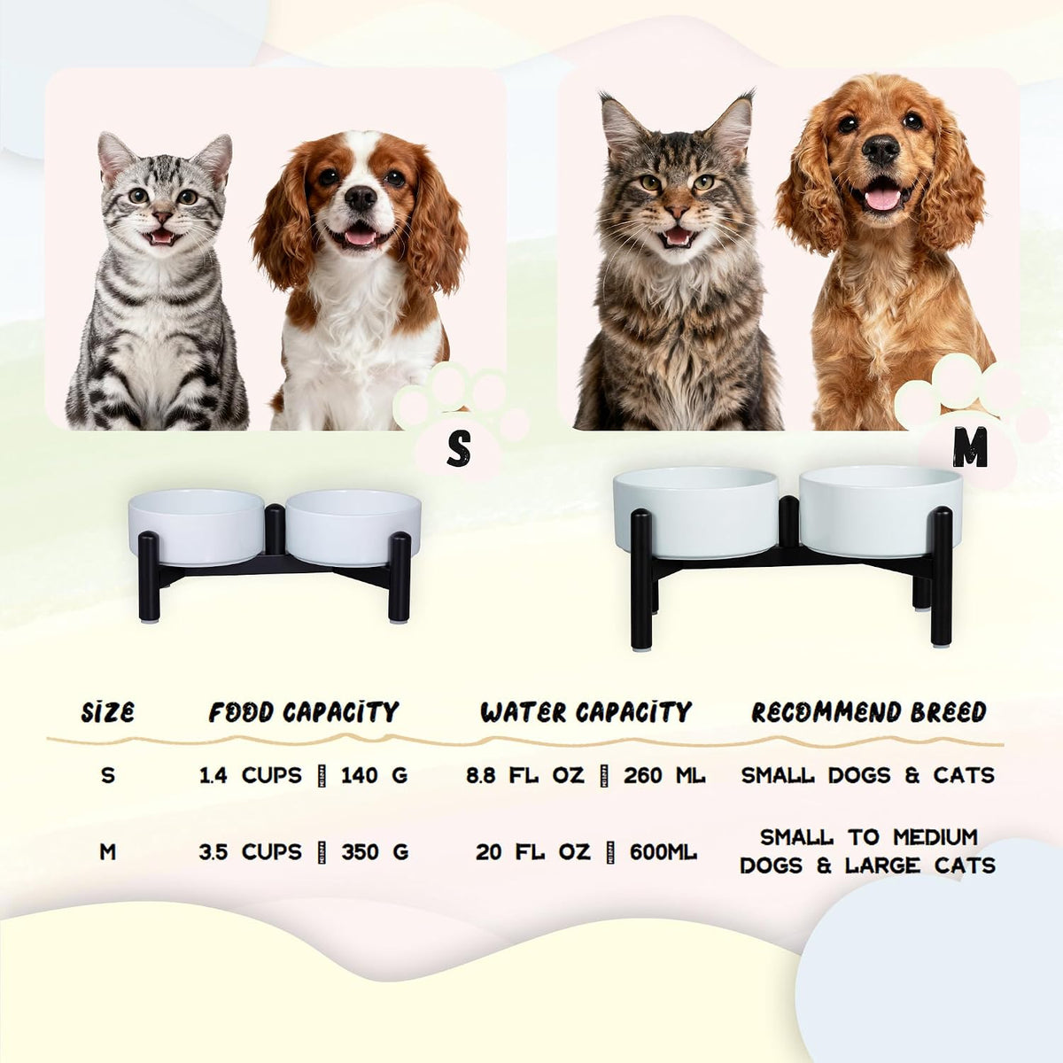 Ceramic Elevated Dog Bowl Set - Dog Feeder Station with Cute-Style Double Bowls for Small and Medium Size Breed - Non-Slip Raised Dish for Food and Water Feeding- 6 Inch - 3.5 Cups / 20 fl oz - Pink