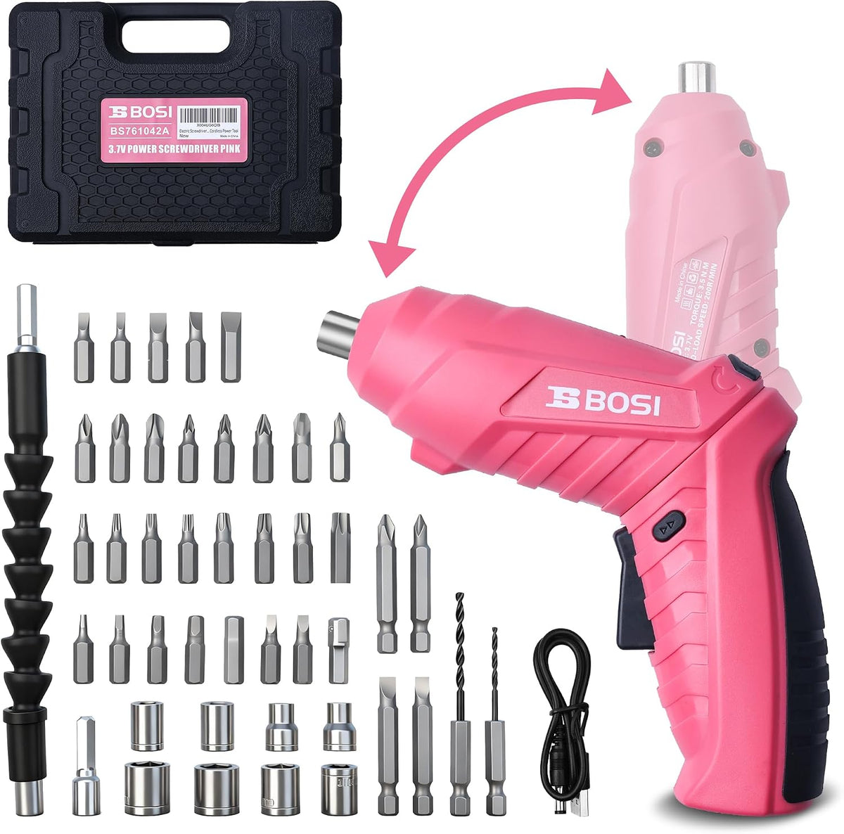 3.7V Cordless Power Electric Screwdriver Rechargeable Set, Battery Powered Screwdriver Kit Including 33PCS Bits, Pivoting Handle & Built-in LED Lights, Small Drills Cordless (Pink)
