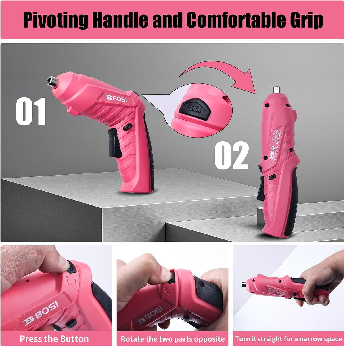 3.7V Cordless Power Electric Screwdriver Rechargeable Set, Battery Powered Screwdriver Kit Including 33PCS Bits, Pivoting Handle & Built-in LED Lights, Small Drills Cordless (Pink)
