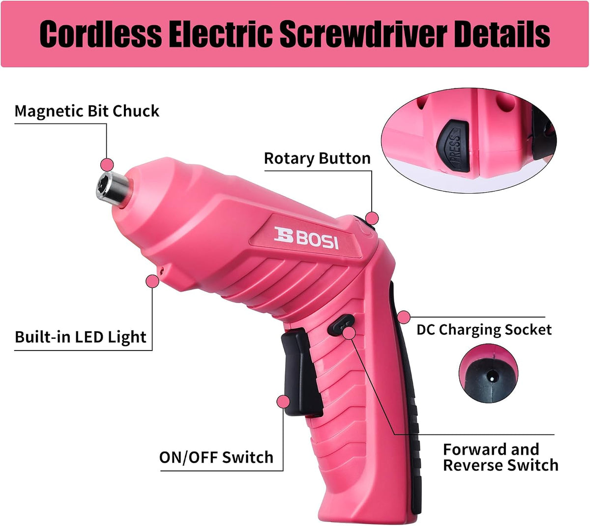 3.7V Cordless Power Electric Screwdriver Rechargeable Set, Battery Powered Screwdriver Kit Including 33PCS Bits, Pivoting Handle & Built-in LED Lights, Small Drills Cordless (Pink)