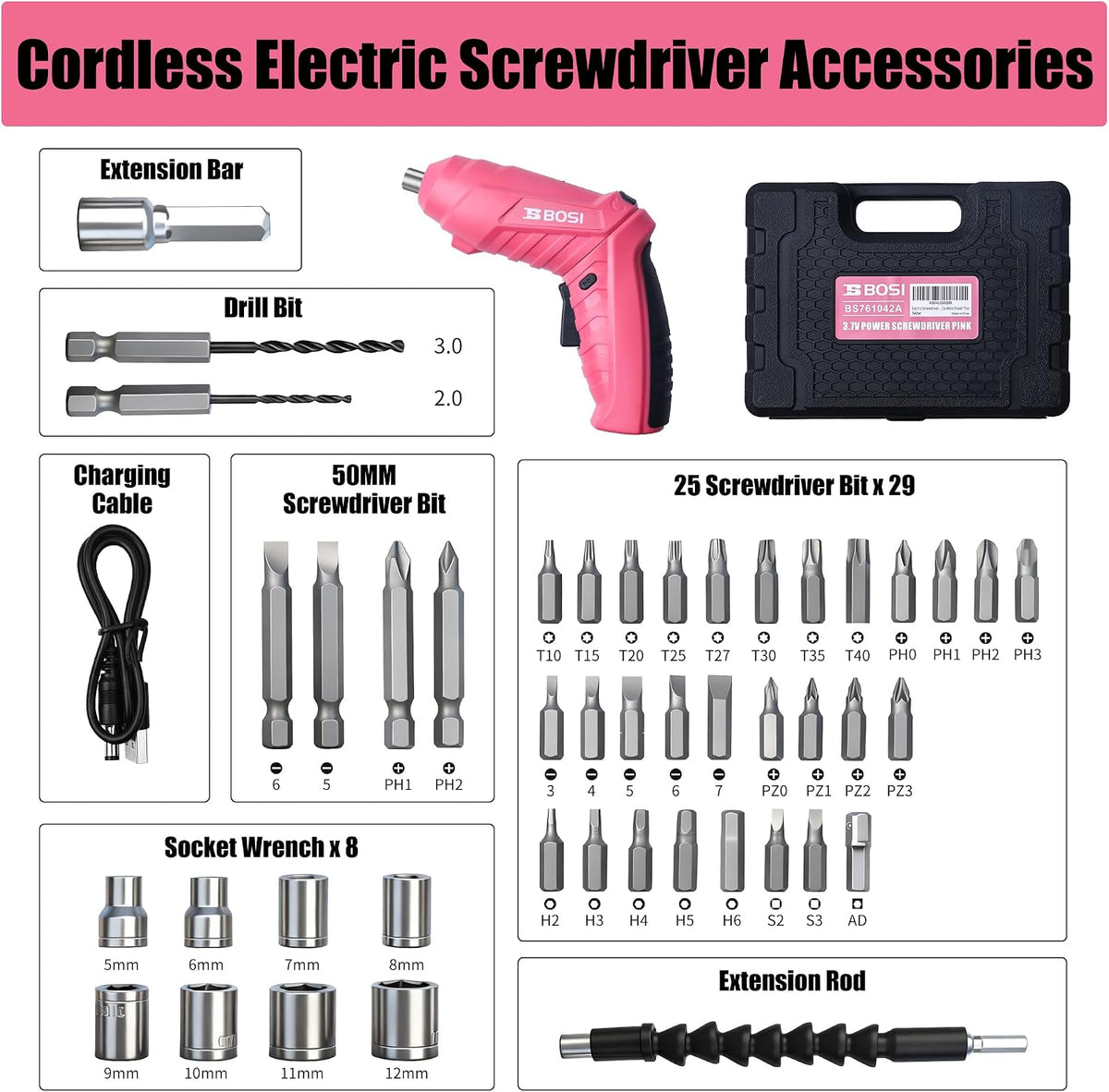 3.7V Cordless Power Electric Screwdriver Rechargeable Set, Battery Powered Screwdriver Kit Including 33PCS Bits, Pivoting Handle & Built-in LED Lights, Small Drills Cordless (Pink)