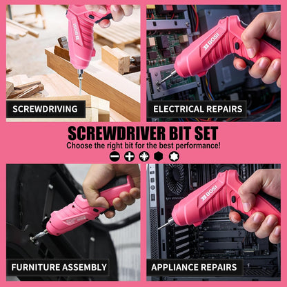 3.7V Cordless Power Electric Screwdriver Rechargeable Set, Battery Powered Screwdriver Kit Including 33PCS Bits, Pivoting Handle & Built-in LED Lights, Small Drills Cordless (Pink)