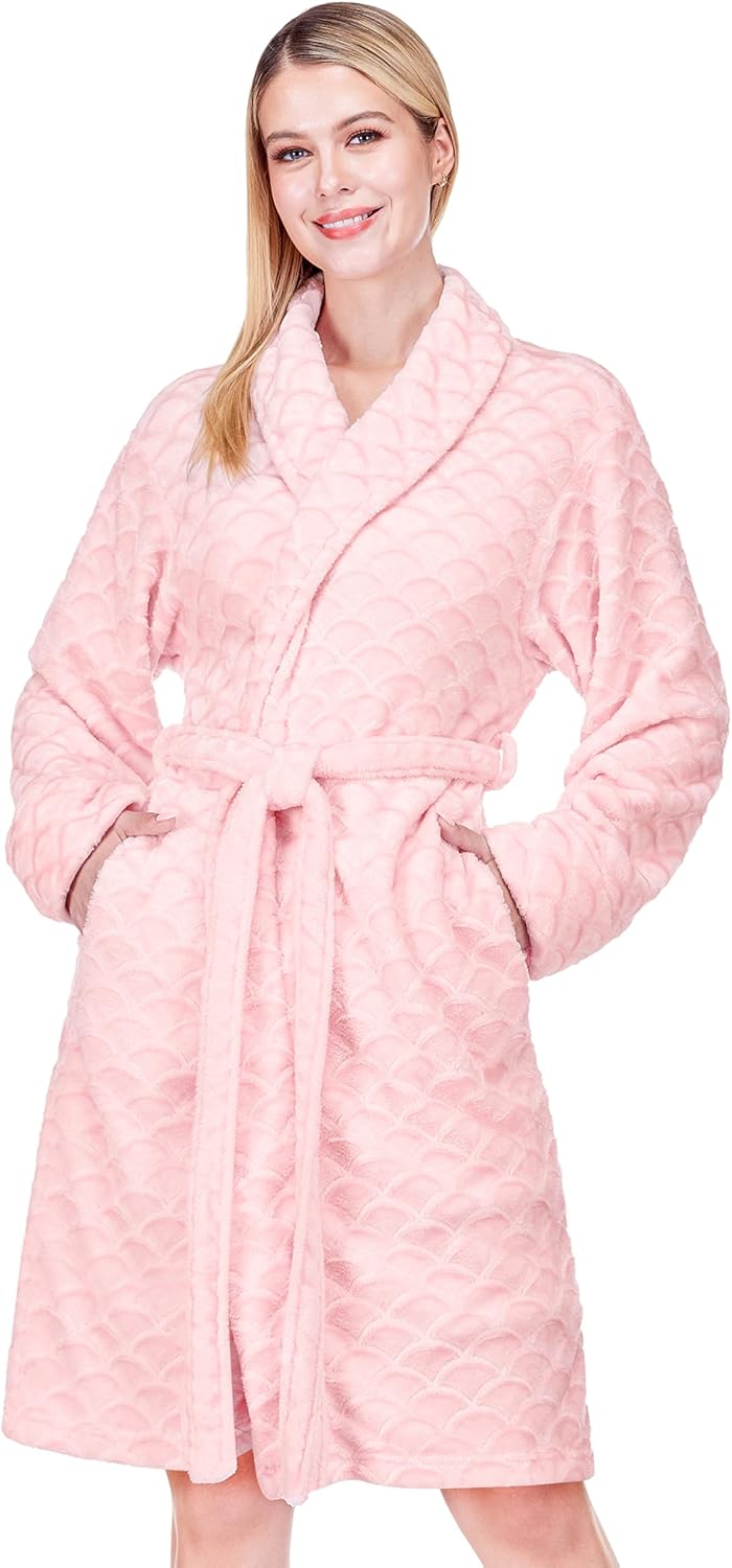 Plush Robe for Women, Soft Fleece Short Bathrobe, Mid Length Kimono