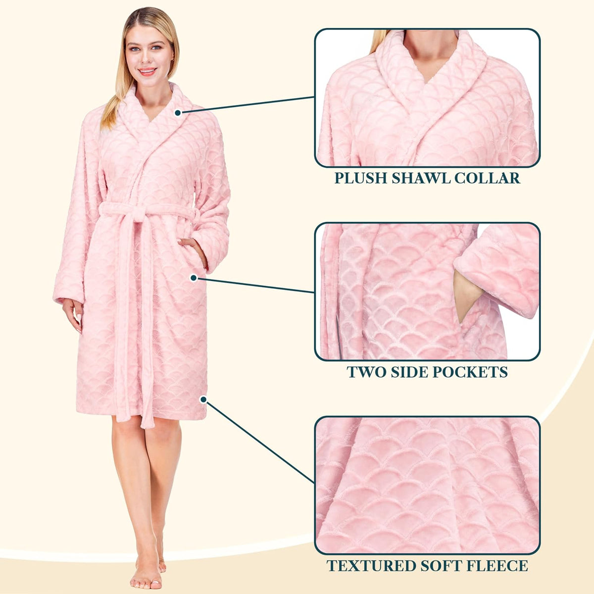 Plush Robe for Women, Soft Fleece Short Bathrobe, Mid Length Kimono
