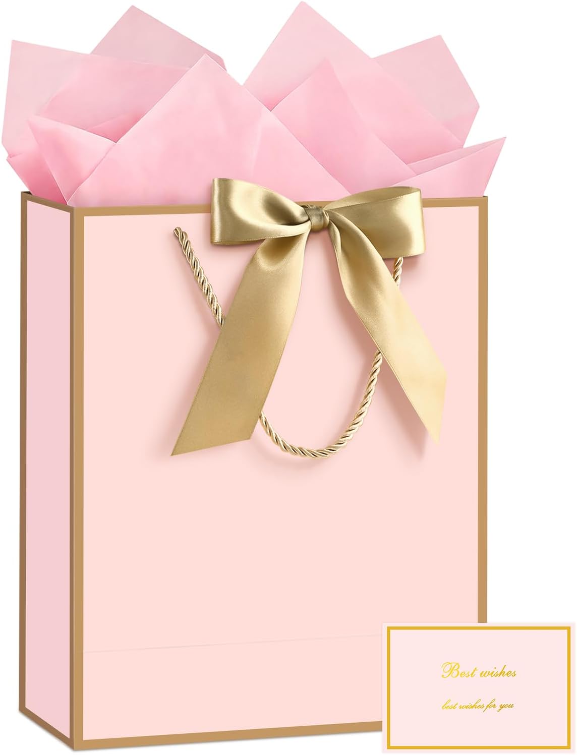 Pink Gift Bags with Handles, Gift Bags with Tissue Paper, 1PCS Gift Bags with Ribbon and 1 Cards 2 Tissue Paper, for Valentines Day Baby Shower Birthday Party Wedding Mothers Day