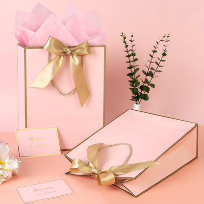 Pink Gift Bags with Handles, Gift Bags with Tissue Paper, 1PCS Gift Bags with Ribbon and 1 Cards 2 Tissue Paper, for Valentines Day Baby Shower Birthday Party Wedding Mothers Day