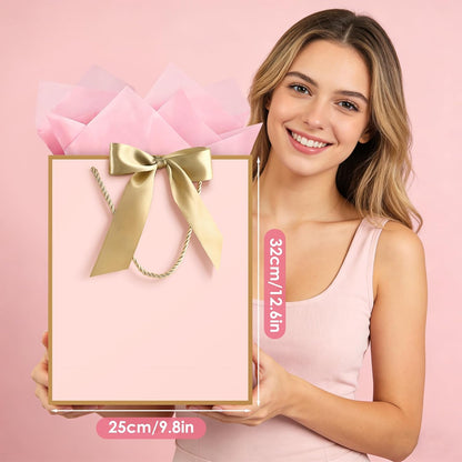 Pink Gift Bags with Handles, Gift Bags with Tissue Paper, 1PCS Gift Bags with Ribbon and 1 Cards 2 Tissue Paper, for Valentines Day Baby Shower Birthday Party Wedding Mothers Day
