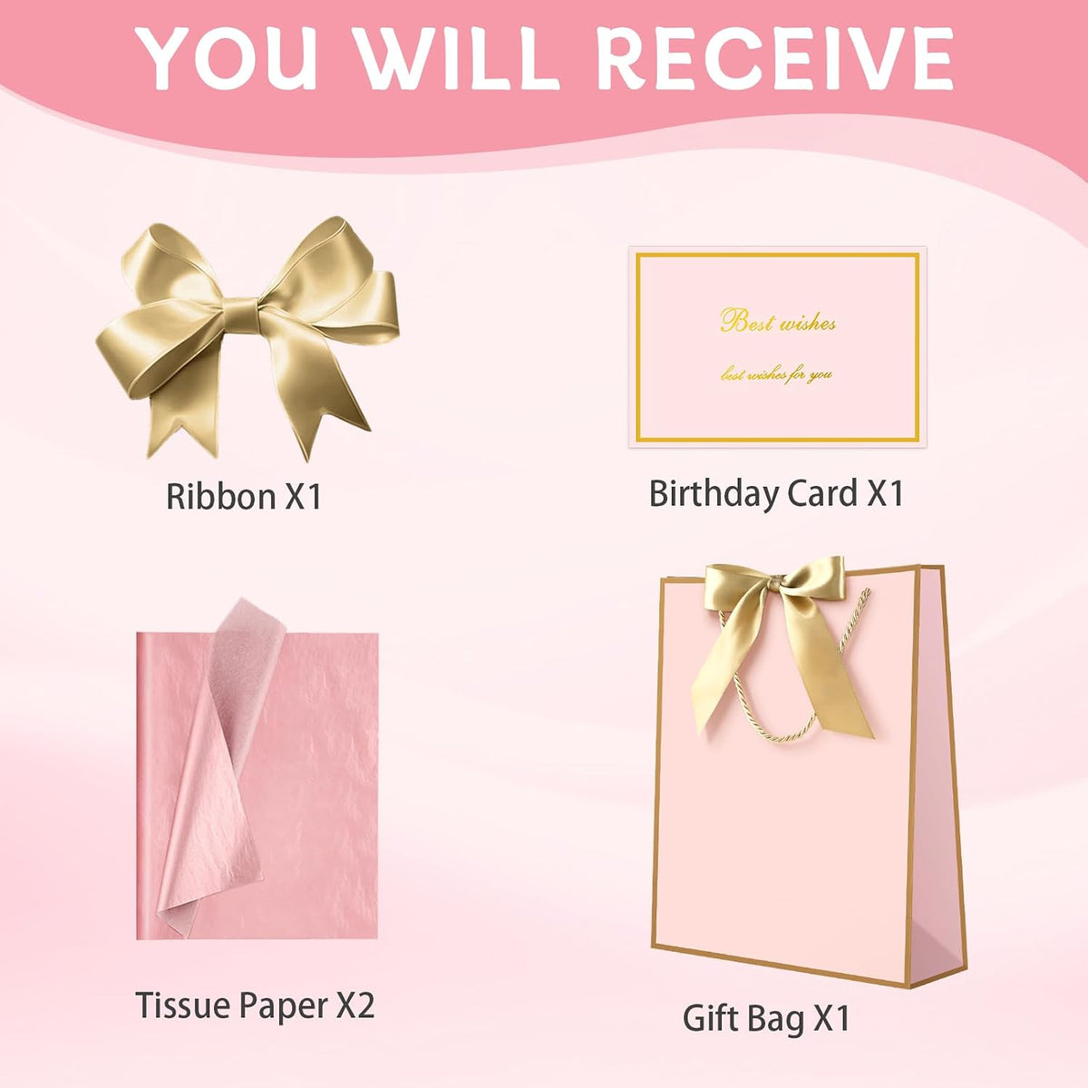 Pink Gift Bags with Handles, Gift Bags with Tissue Paper, 1PCS Gift Bags with Ribbon and 1 Cards 2 Tissue Paper, for Valentines Day Baby Shower Birthday Party Wedding Mothers Day