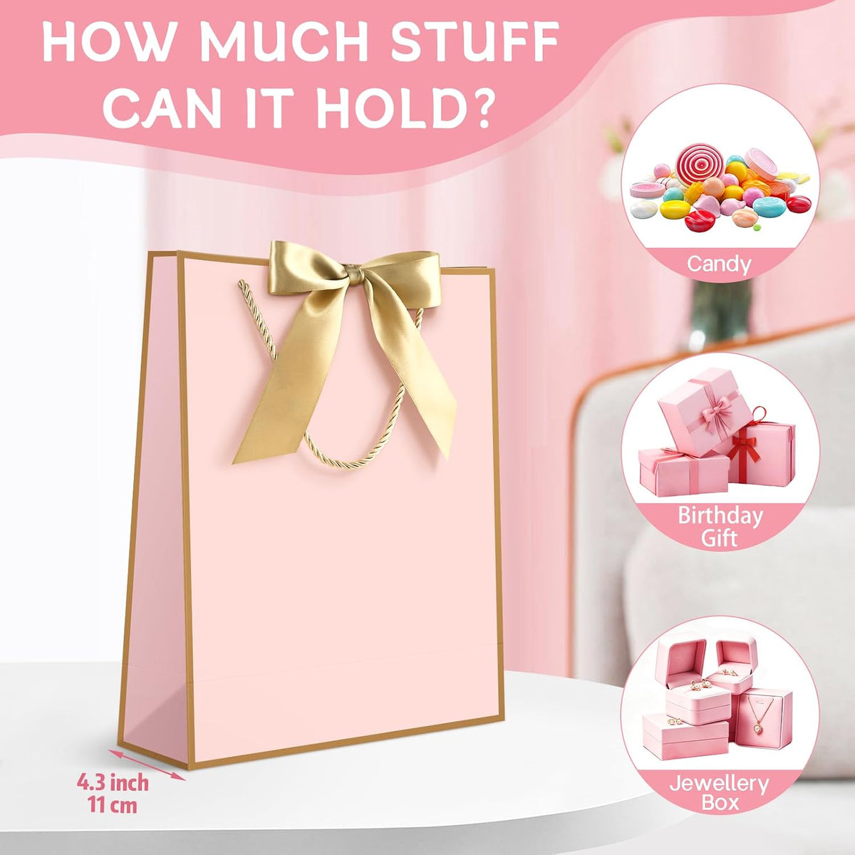 Pink Gift Bags with Handles, Gift Bags with Tissue Paper, 1PCS Gift Bags with Ribbon and 1 Cards 2 Tissue Paper, for Valentines Day Baby Shower Birthday Party Wedding Mothers Day