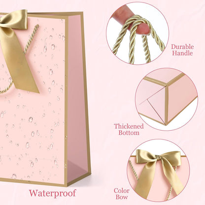 Pink Gift Bags with Handles, Gift Bags with Tissue Paper, 1PCS Gift Bags with Ribbon and 1 Cards 2 Tissue Paper, for Valentines Day Baby Shower Birthday Party Wedding Mothers Day