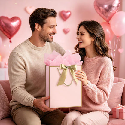Pink Gift Bags with Handles, Gift Bags with Tissue Paper, 1PCS Gift Bags with Ribbon and 1 Cards 2 Tissue Paper, for Valentines Day Baby Shower Birthday Party Wedding Mothers Day