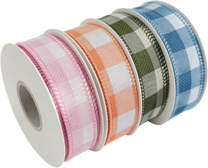 Meseey 7/8 Inch Pastel Plaid Wired Ribbon Set, 4 Rolls Total 40 Yards, Pink/Orange/Sage Green/Blue Buffalo Check Ribbon for Gift Wrapping, Wreath Making, Crafts, Baby Shower & Spring Decor