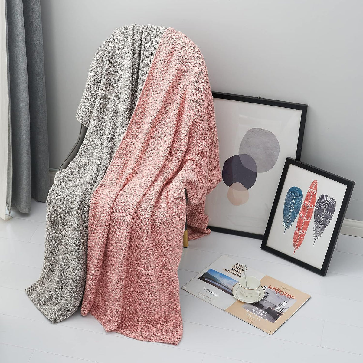100% Cotton Knitted Throw Blanket – Pink, Soft & Cozy, Machine Washable, 60"x80" – Perfect for Living Room, Couch, Sofa, Bed or Travel