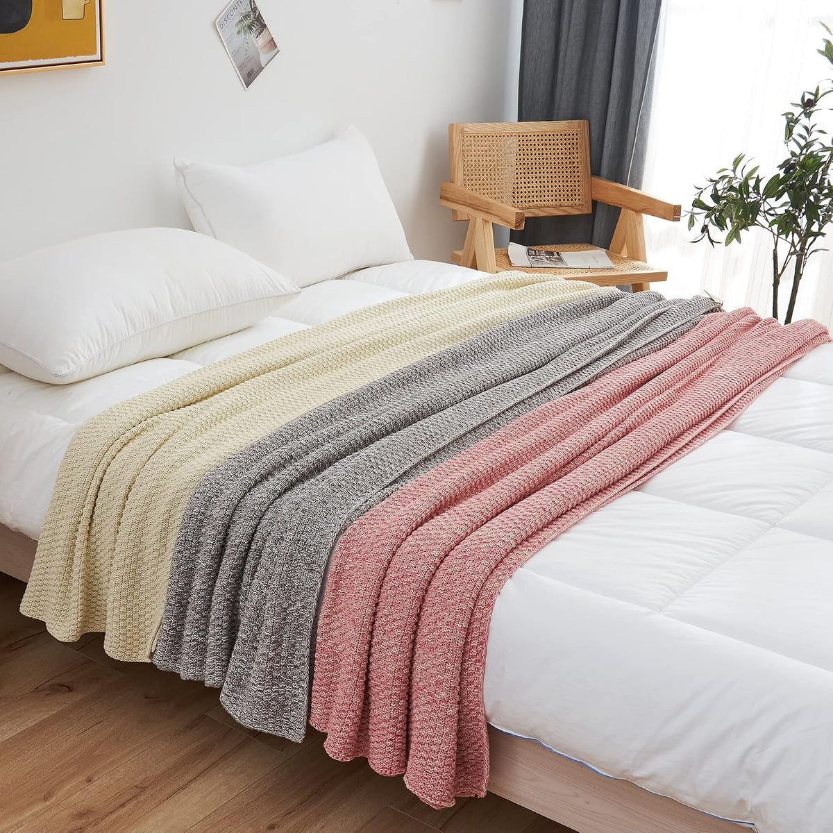 100% Cotton Knitted Throw Blanket – Pink, Soft & Cozy, Machine Washable, 60"x80" – Perfect for Living Room, Couch, Sofa, Bed or Travel