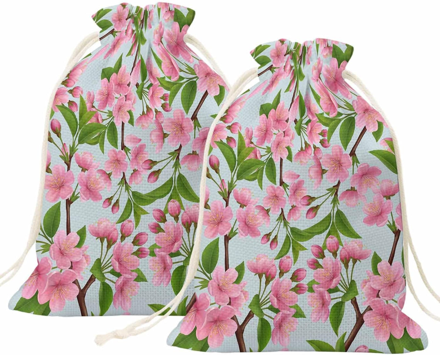 Victoroes Spring Peaches Drawstring Gift Bags 2 Pcs 11.8" x 15.7" Medium Peaches Flowers Blue Gift Bag Reusable Fabric Wrap Bags for Wedding Party Birthday Holiday