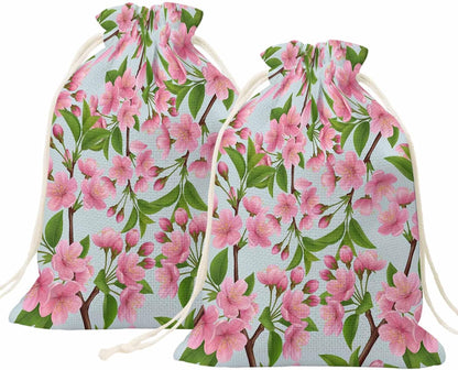 Victoroes Spring Peaches Drawstring Gift Bags 2 Pcs 11.8" x 15.7" Medium Peaches Flowers Blue Gift Bag Reusable Fabric Wrap Bags for Wedding Party Birthday Holiday