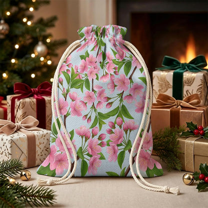Victoroes Spring Peaches Drawstring Gift Bags 2 Pcs 11.8" x 15.7" Medium Peaches Flowers Blue Gift Bag Reusable Fabric Wrap Bags for Wedding Party Birthday Holiday