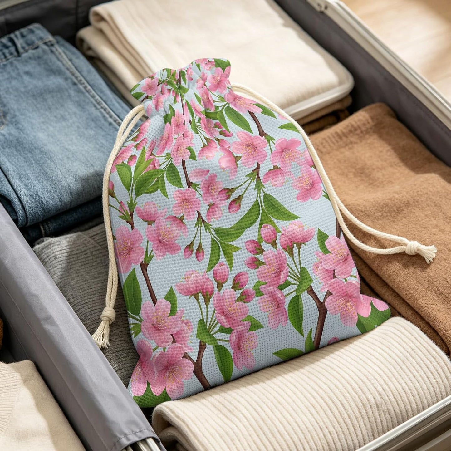Victoroes Spring Peaches Drawstring Gift Bags 2 Pcs 11.8" x 15.7" Medium Peaches Flowers Blue Gift Bag Reusable Fabric Wrap Bags for Wedding Party Birthday Holiday