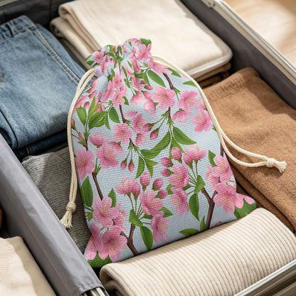 Victoroes Spring Peaches Drawstring Gift Bags 2 Pcs 11.8" x 15.7" Medium Peaches Flowers Blue Gift Bag Reusable Fabric Wrap Bags for Wedding Party Birthday Holiday