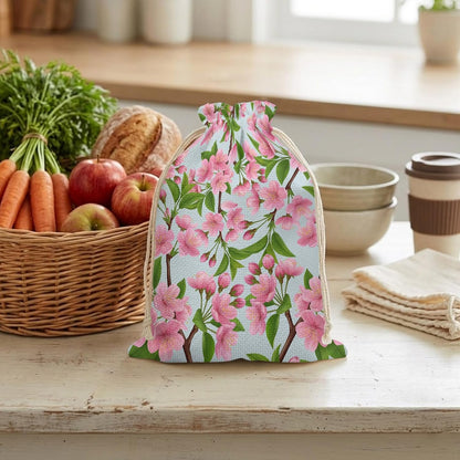 Victoroes Spring Peaches Drawstring Gift Bags 2 Pcs 11.8" x 15.7" Medium Peaches Flowers Blue Gift Bag Reusable Fabric Wrap Bags for Wedding Party Birthday Holiday