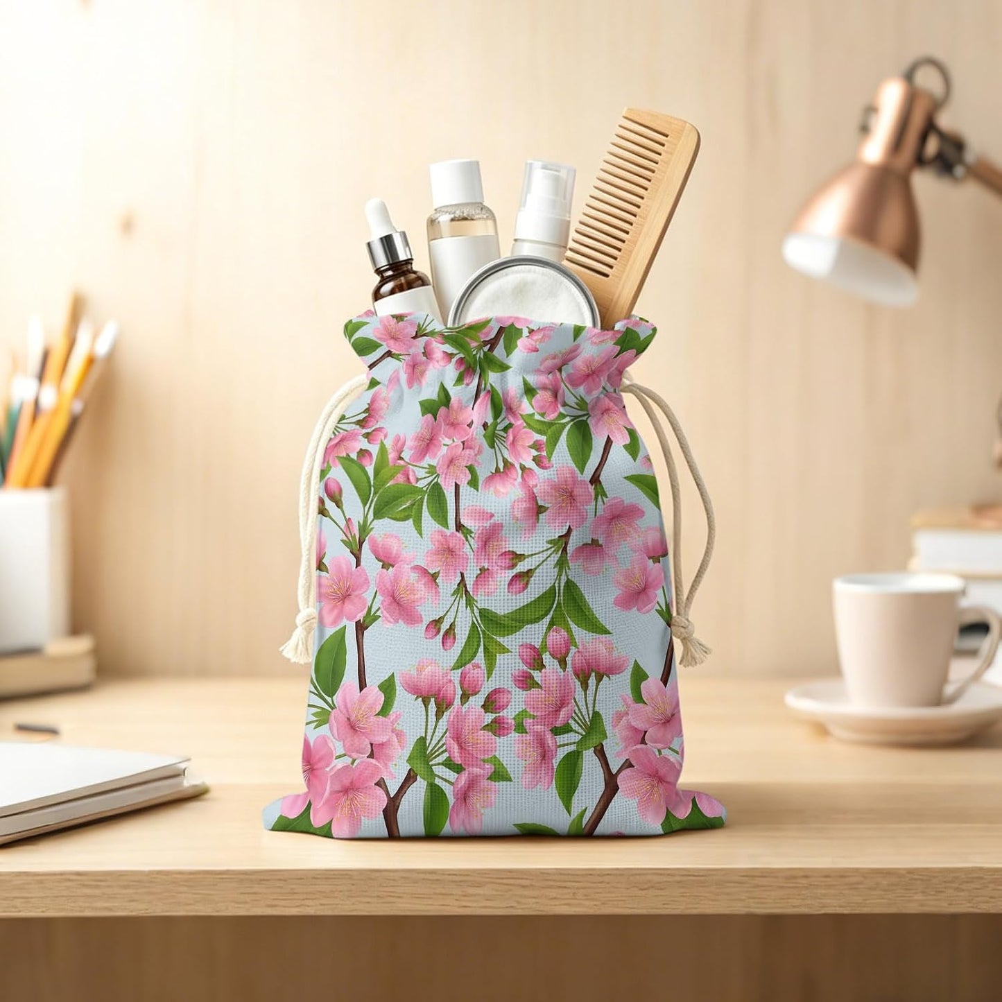 Victoroes Spring Peaches Drawstring Gift Bags 2 Pcs 11.8" x 15.7" Medium Peaches Flowers Blue Gift Bag Reusable Fabric Wrap Bags for Wedding Party Birthday Holiday