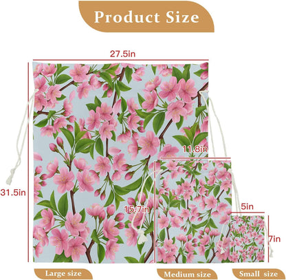 Victoroes Spring Peaches Drawstring Gift Bags 2 Pcs 11.8" x 15.7" Medium Peaches Flowers Blue Gift Bag Reusable Fabric Wrap Bags for Wedding Party Birthday Holiday