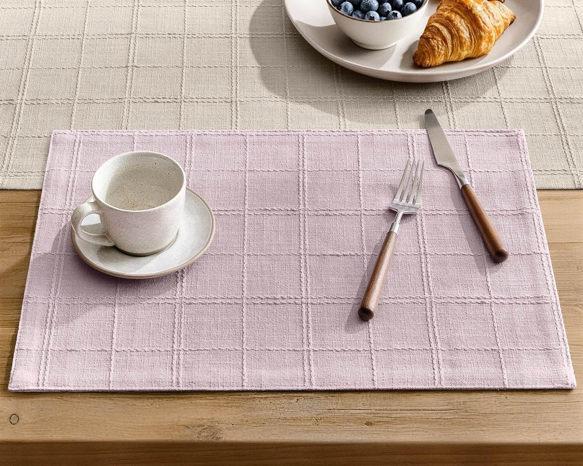 ZeeMart Linen Checked Farmhouse Placemats Set of 6, Pink 13x19in