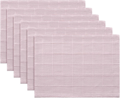 ZeeMart Linen Checked Farmhouse Placemats Set of 6, Pink 13x19in