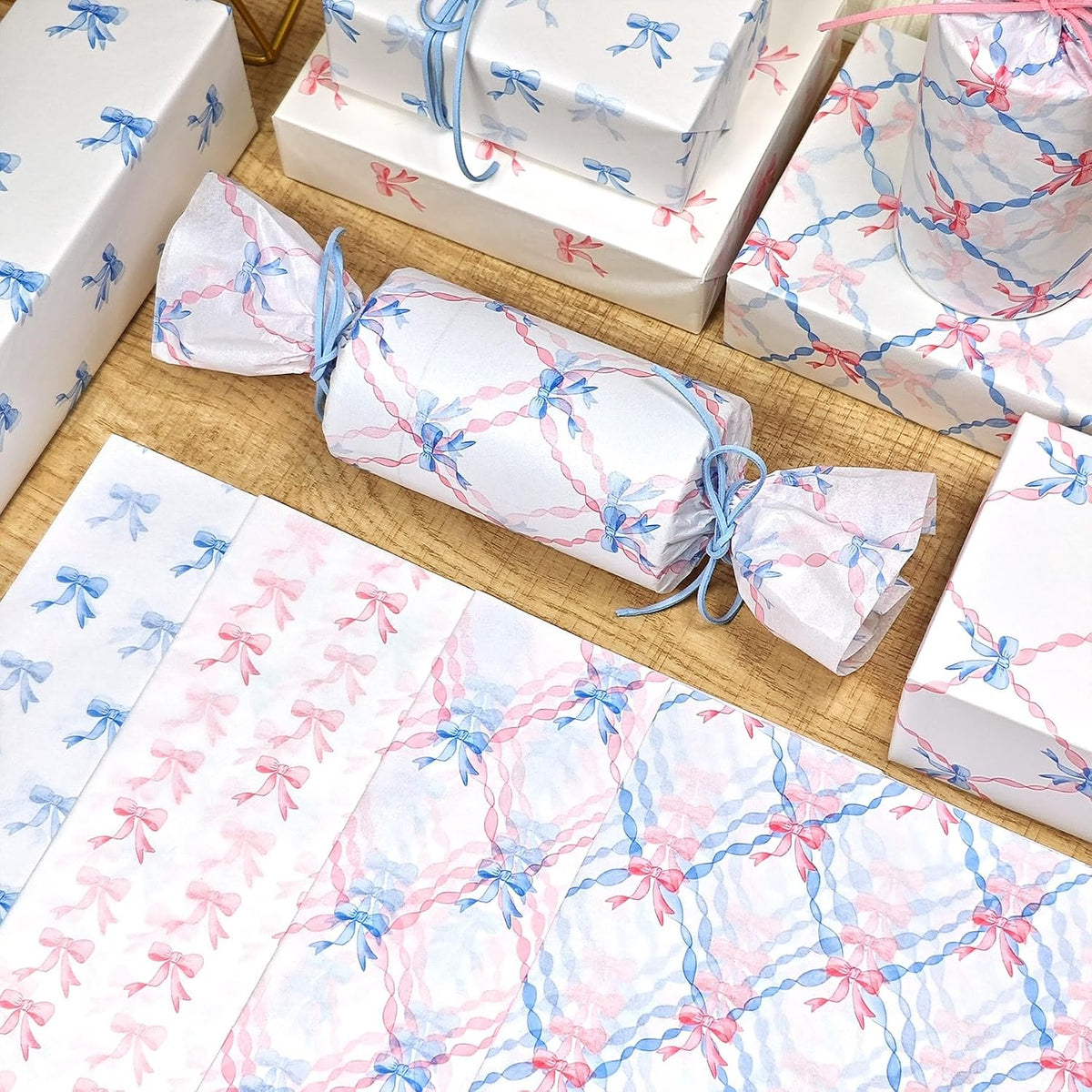 60 Sheets Gift Tissue Paper, Sweetheart Princess Bow Tissue Paper for Gift Bags Wrapping, Pastel Pink Blue Packaging Supplies for Girl's Birthday Baby Shower Wedding Decor Art Crafts,20x14in