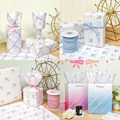 60 Sheets Gift Tissue Paper, Sweetheart Princess Bow Tissue Paper for Gift Bags Wrapping, Pastel Pink Blue Packaging Supplies for Girl's Birthday Baby Shower Wedding Decor Art Crafts,20x14in