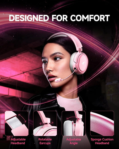 Wireless Gaming Headset, 7.1 Surround Sound, 2.4GHz USB Gaming Headphones with Bluetooth 5.4, 100H Battery, ENC Noise Canceling Mic, RGB Light, Wireless Headset for PC PS5 PS4 Mac Switch (Gray-Pink)