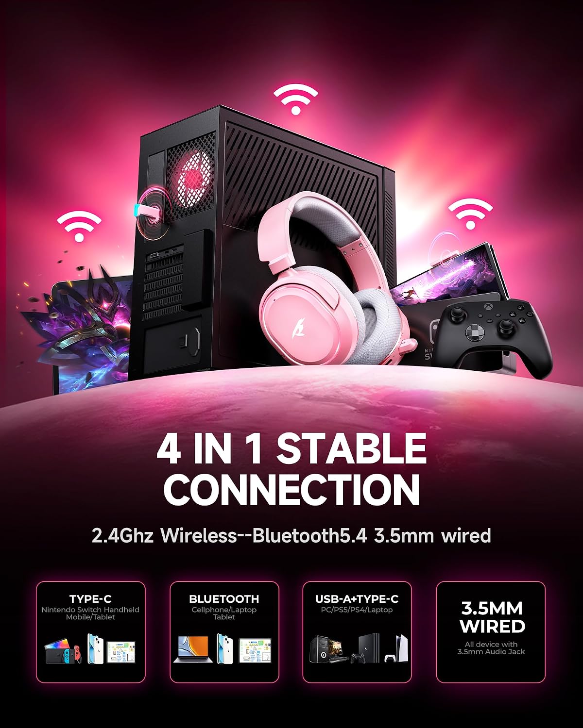 Wireless Gaming Headset, 7.1 Surround Sound, 2.4GHz USB Gaming Headphones with Bluetooth 5.4, 100H Battery, ENC Noise Canceling Mic, RGB Light, Wireless Headset for PC PS5 PS4 Mac Switch (Gray-Pink)