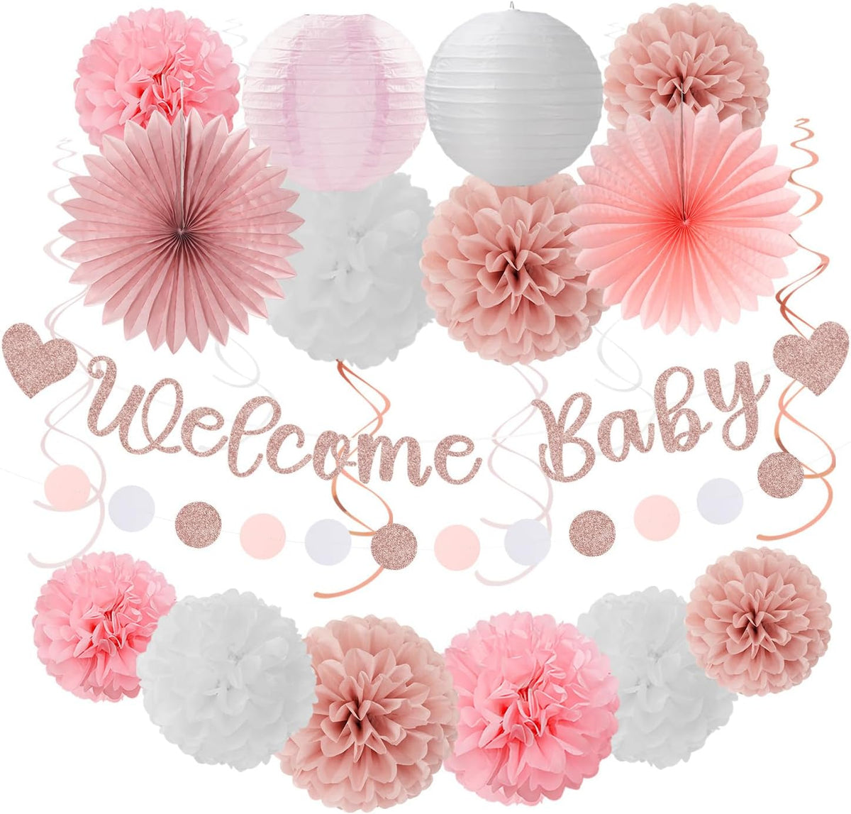 Rose-Gold Pink-White Baby Shower - 22pcs Girls Welcome Baby Banner, Paper Lanterns Streamers, Tissue Pom Poms Flowers Fans Decor Supplies Hugmoon