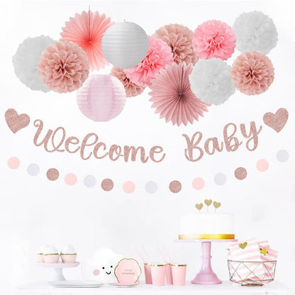 Rose-Gold Pink-White Baby Shower - 22pcs Girls Welcome Baby Banner, Paper Lanterns Streamers, Tissue Pom Poms Flowers Fans Decor Supplies Hugmoon