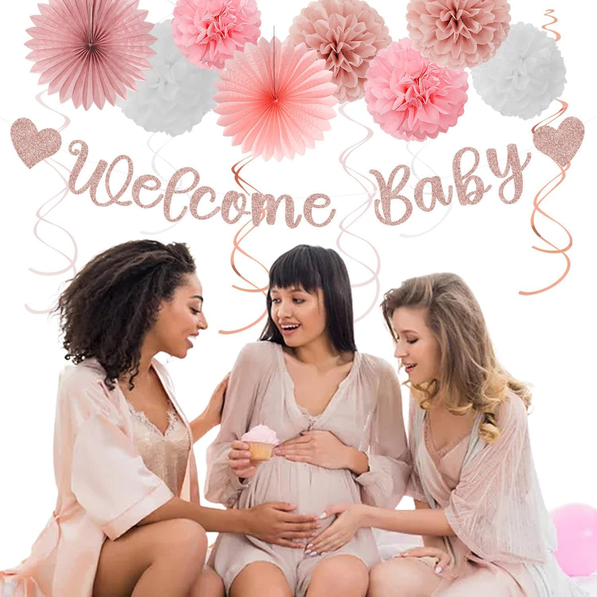 Rose-Gold Pink-White Baby Shower - 22pcs Girls Welcome Baby Banner, Paper Lanterns Streamers, Tissue Pom Poms Flowers Fans Decor Supplies Hugmoon