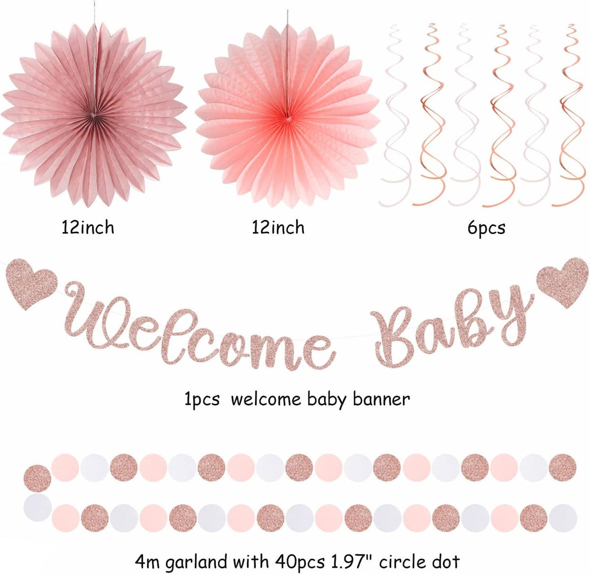 Rose-Gold Pink-White Baby Shower - 22pcs Girls Welcome Baby Banner, Paper Lanterns Streamers, Tissue Pom Poms Flowers Fans Decor Supplies Hugmoon