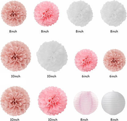 Rose-Gold Pink-White Baby Shower - 22pcs Girls Welcome Baby Banner, Paper Lanterns Streamers, Tissue Pom Poms Flowers Fans Decor Supplies Hugmoon