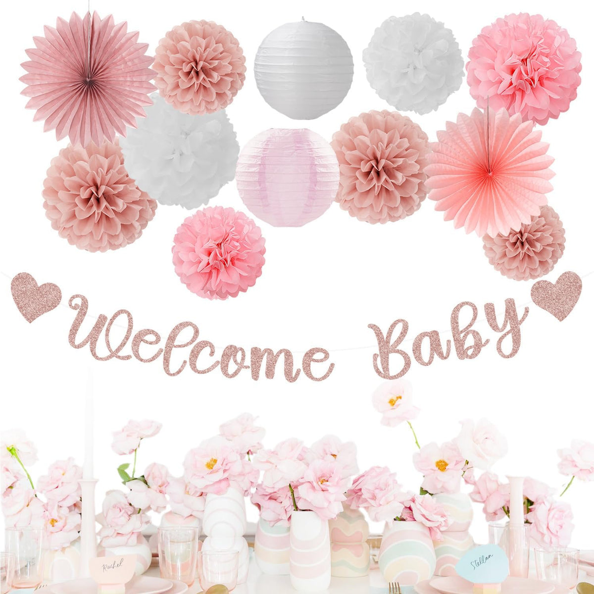 Rose-Gold Pink-White Baby Shower - 22pcs Girls Welcome Baby Banner, Paper Lanterns Streamers, Tissue Pom Poms Flowers Fans Decor Supplies Hugmoon