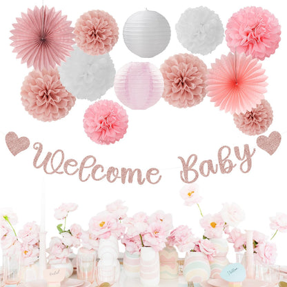 Rose-Gold Pink-White Baby Shower - 22pcs Girls Welcome Baby Banner, Paper Lanterns Streamers, Tissue Pom Poms Flowers Fans Decor Supplies Hugmoon