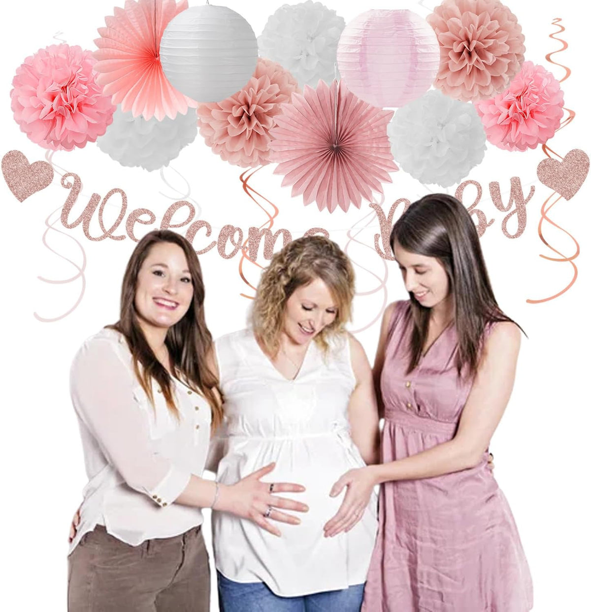 Rose-Gold Pink-White Baby Shower - 22pcs Girls Welcome Baby Banner, Paper Lanterns Streamers, Tissue Pom Poms Flowers Fans Decor Supplies Hugmoon