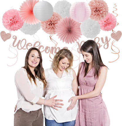 Rose-Gold Pink-White Baby Shower - 22pcs Girls Welcome Baby Banner, Paper Lanterns Streamers, Tissue Pom Poms Flowers Fans Decor Supplies Hugmoon