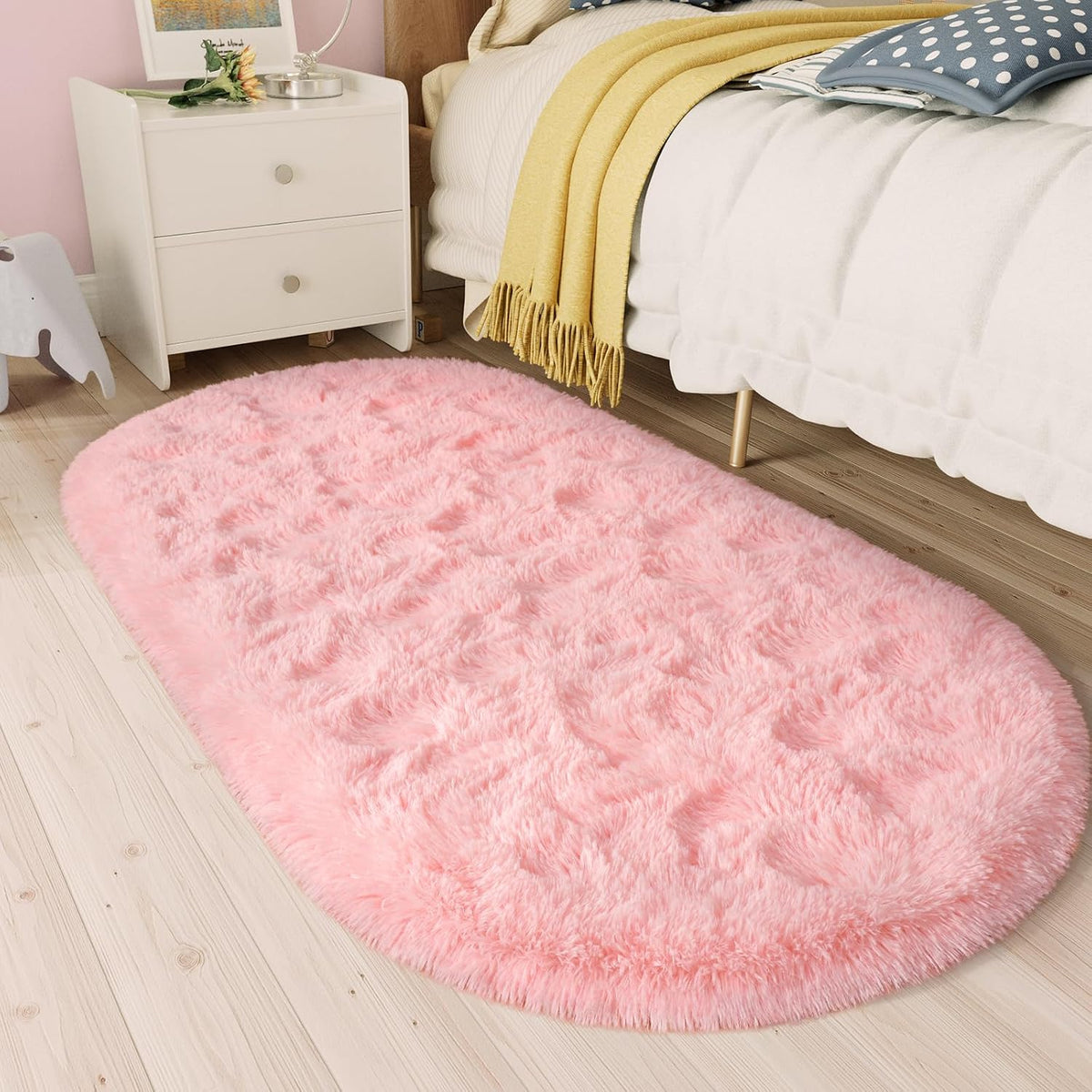Bedroom Rug 2.6' x 5.3', Pink Fluffy Shaggy Area Rug for Kids Room